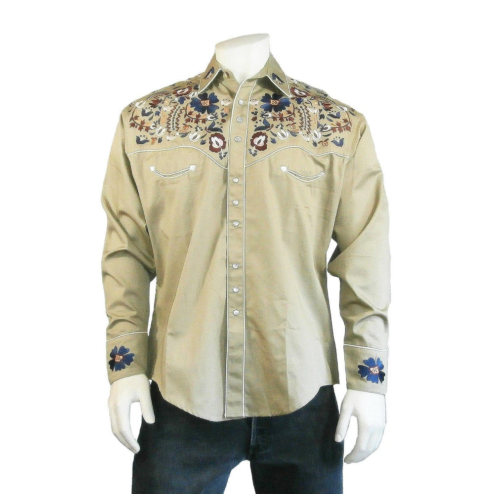 Rockmount Clothing Men's Vintage Khaki Floral Embroidery Western Shirt - Rockmount Clothing