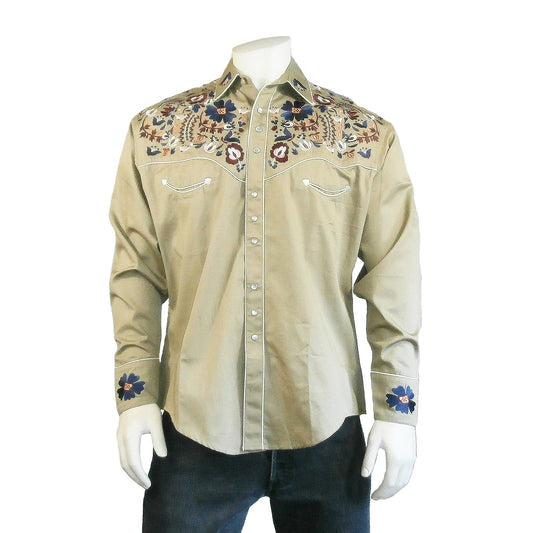 Rockmount Clothing Men's Vintage Khaki Floral Embroidery Western Shirt