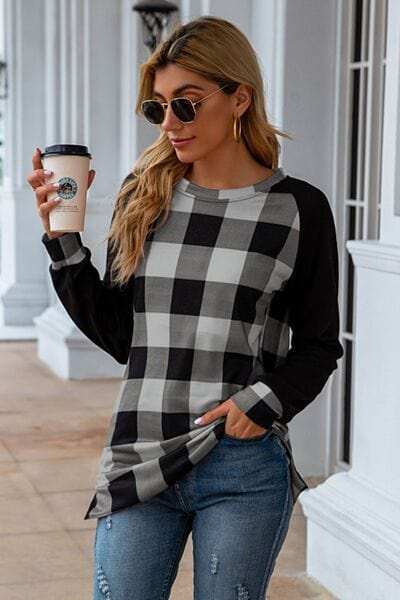 Plaid Round Neck Long Sleeve T-Shirt - Trendsi - Flyclothing LLC