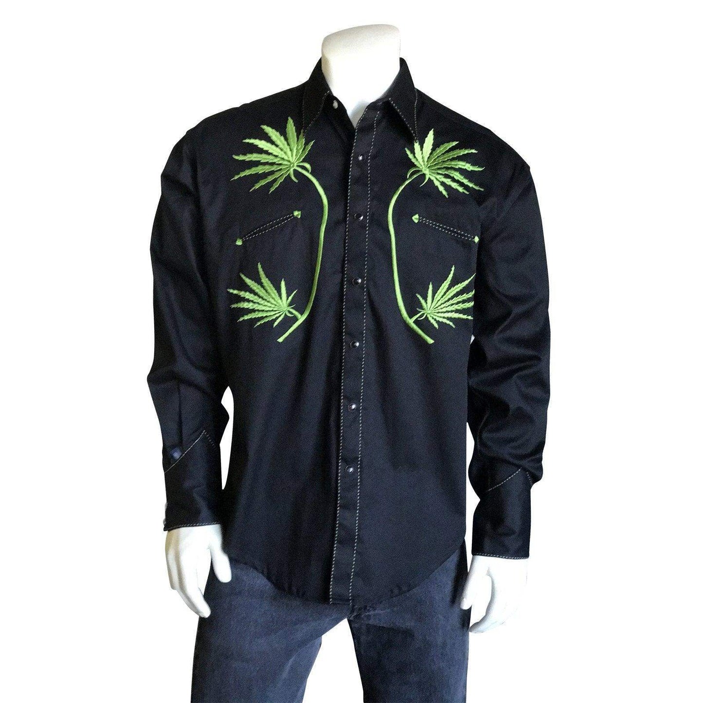 Men's Black Cannabis Cowboy Embroidered Western Shirt - Rockmount Clothing - Flyclothing LLC