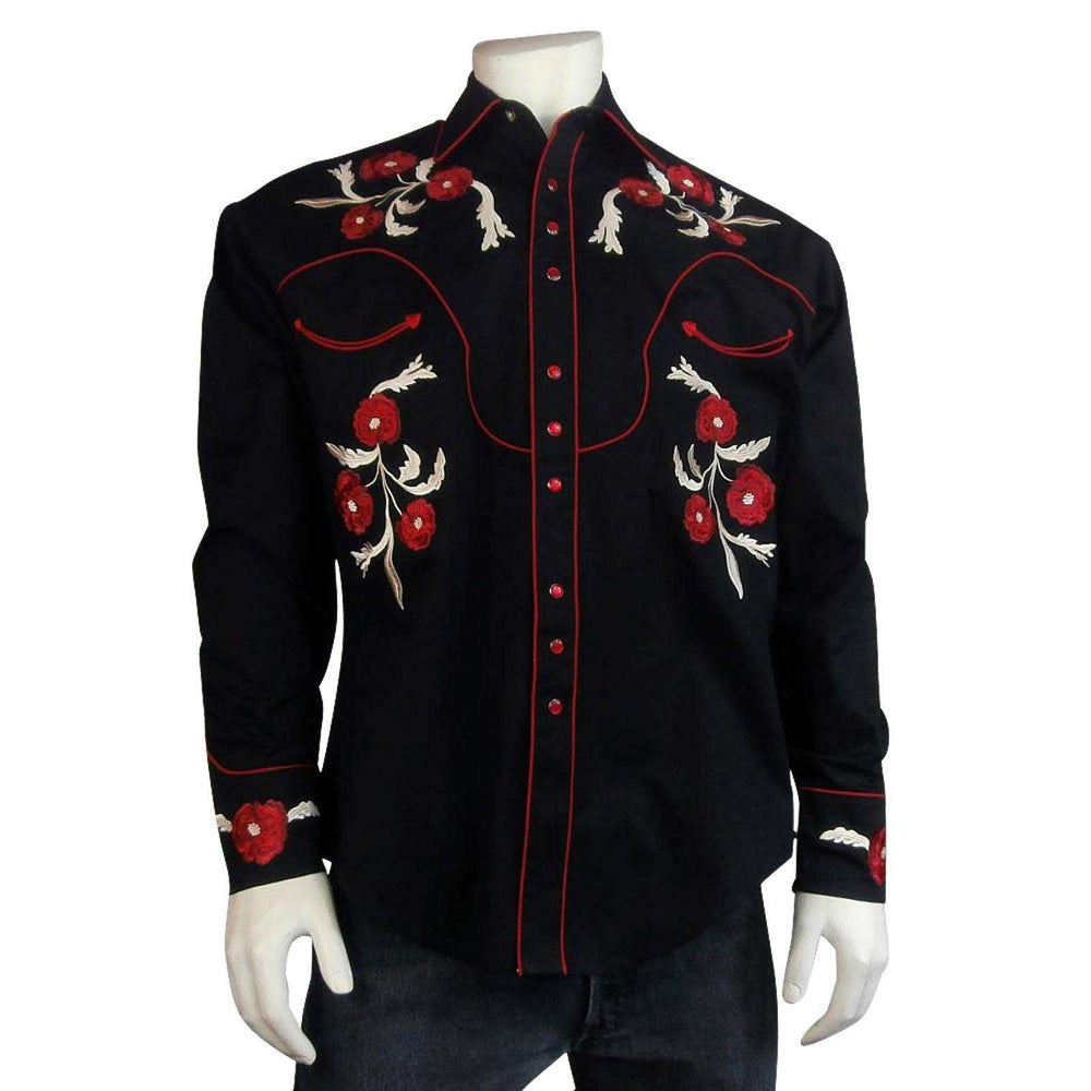 Men's Vintage Cascading Floral Embroidery Black Western Shirt - Rockmount Clothing - Flyclothing LLC