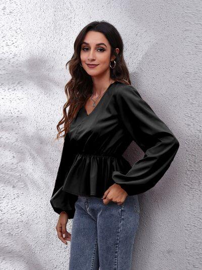 V-Neck Balloon Sleeve Peplum Blouse - Flyclothing LLC