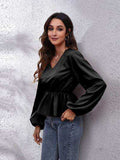 V-Neck Balloon Sleeve Peplum Blouse - Trendsi - Flyclothing LLC