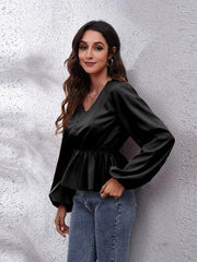 V-Neck Balloon Sleeve Peplum Blouse - Flyclothing LLC