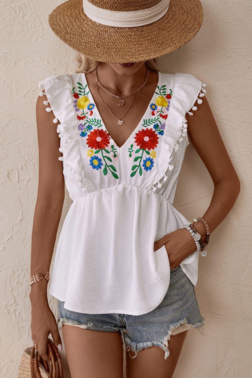 Embroidered Pom-Pom Trim Cap Sleeve Babydoll Top - Trendsi