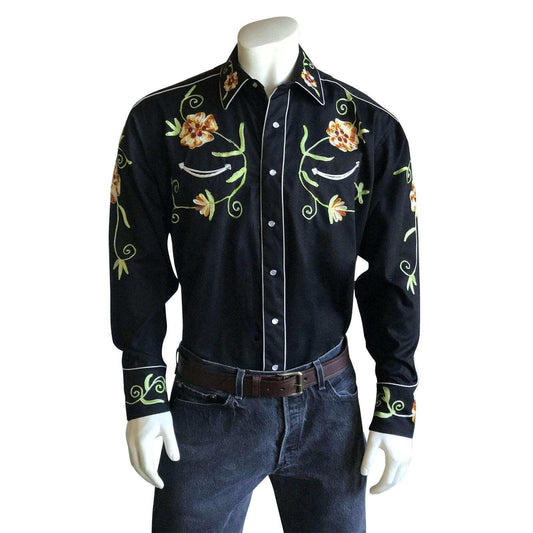 Men's Floral Embroidery Cotton Gabardine Black Western Shirt - Rockmount Clothing - Flyclothing LLC