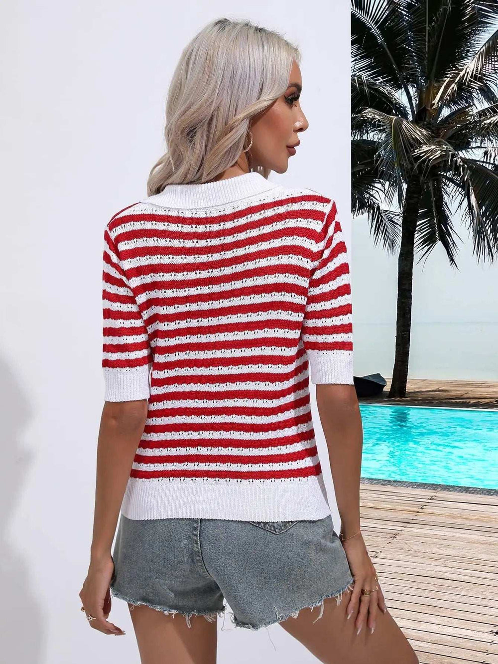 Striped Johnny Collar Half Sleeve Knit Top - Trendsi - Flyclothing LLC