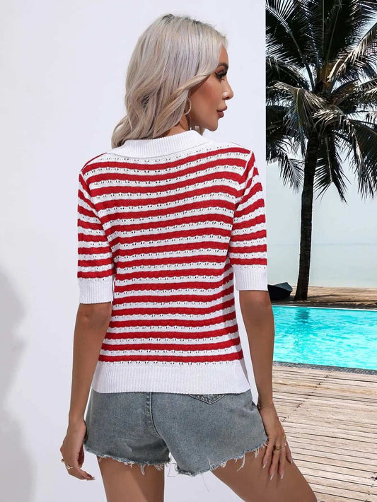 Striped Johnny Collar Half Sleeve Knit Top - Trendsi - Flyclothing LLC