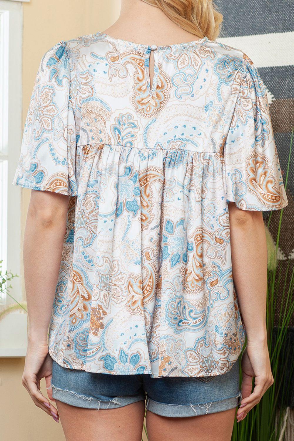 Printed Round Neck Short Sleeve Blouse - Trendsi