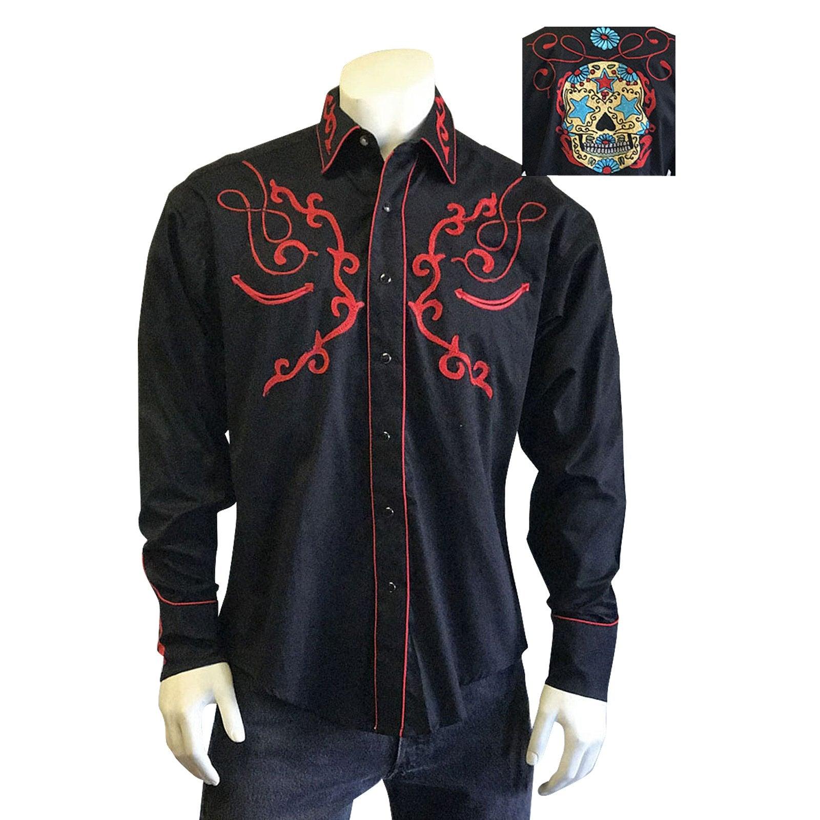 Men's Sugar Skulls Vintage Embroidered Western Shirt - Flyclothing LLC