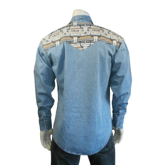 Rockmount Clothing Men's Vintage 2-Tone Denim & Steer Skull Embroidery Western Shirt - Rockmount Clothing