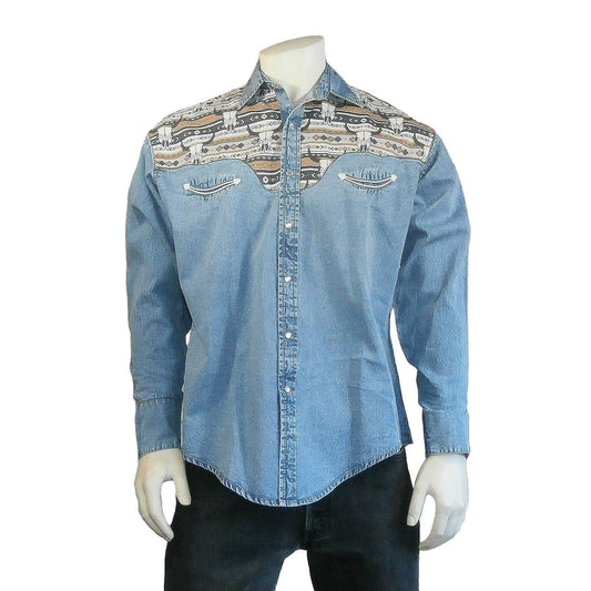 Rockmount Clothing Men's Vintage 2-Tone Denim & Steer Skull Embroidery Western Shirt - Rockmount Clothing