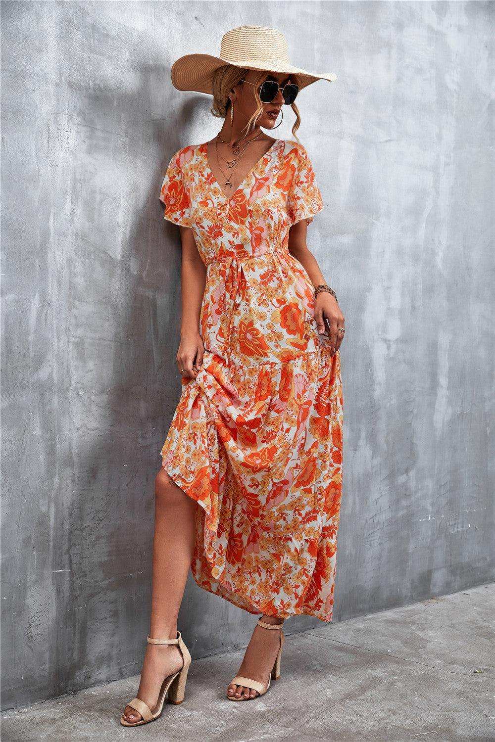 Floral Buttoned Drawstring Waist Tiered Dress - Trendsi - Flyclothing LLC