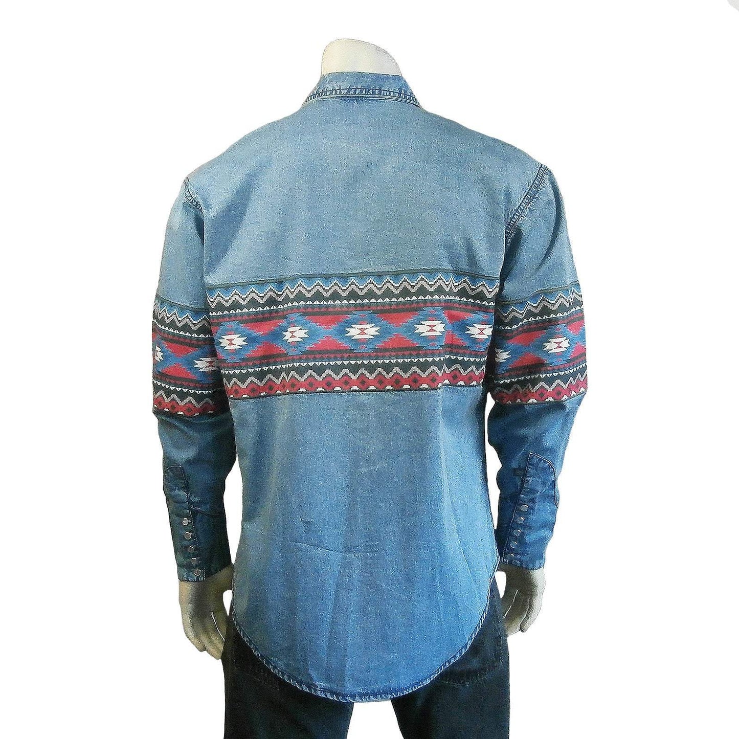 Rockmount Clothing Men's 2-Tone Denim & Red Native Pattern Chest Band Western Shirt - Rockmount Clothing - Flyclothing LLC