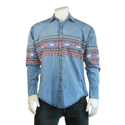 Rockmount Clothing Men's 2-Tone Denim & Red Native Pattern Chest Band Western Shirt