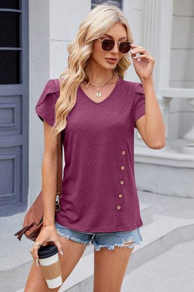 V-Neck Short Sleeve T-Shirt - Trendsi - Flyclothing LLC