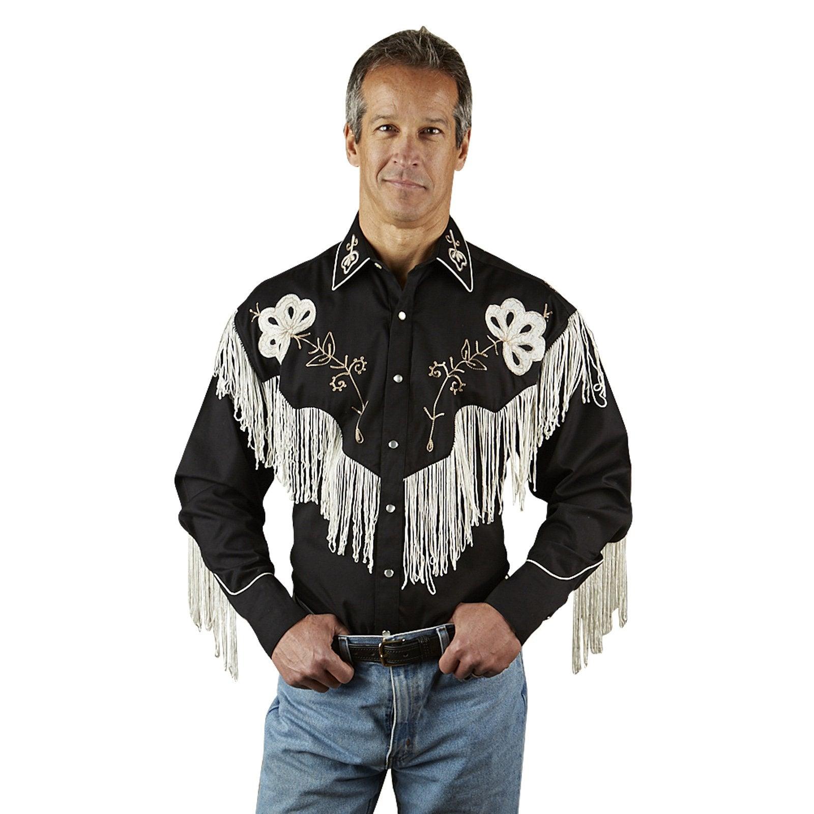 Rockmount Ranch Wear Mens Black Vintage Fringe Embroidered Western Shirt - Flyclothing LLC