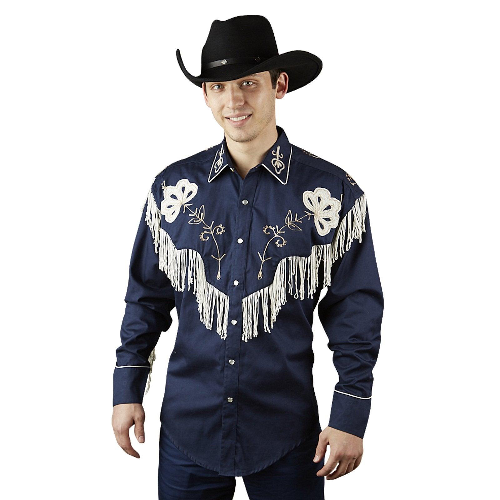 Rockmount Ranch Wear Mens Navy Vintage Fringe Embroidered Western Shirt - Flyclothing LLC