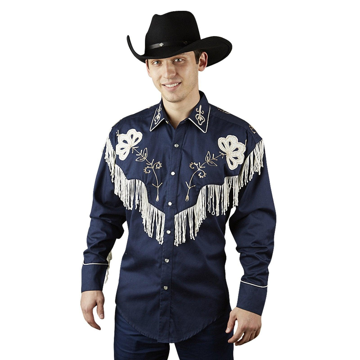 Rockmount Ranch Wear Mens Navy Vintage Fringe Embroidered Western Shirt - Flyclothing LLC