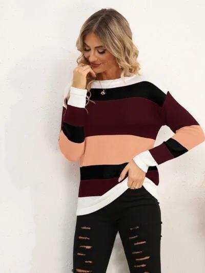 Striped Round Neck Dropped Shoulder Sweater - Trendsi - Flyclothing LLC