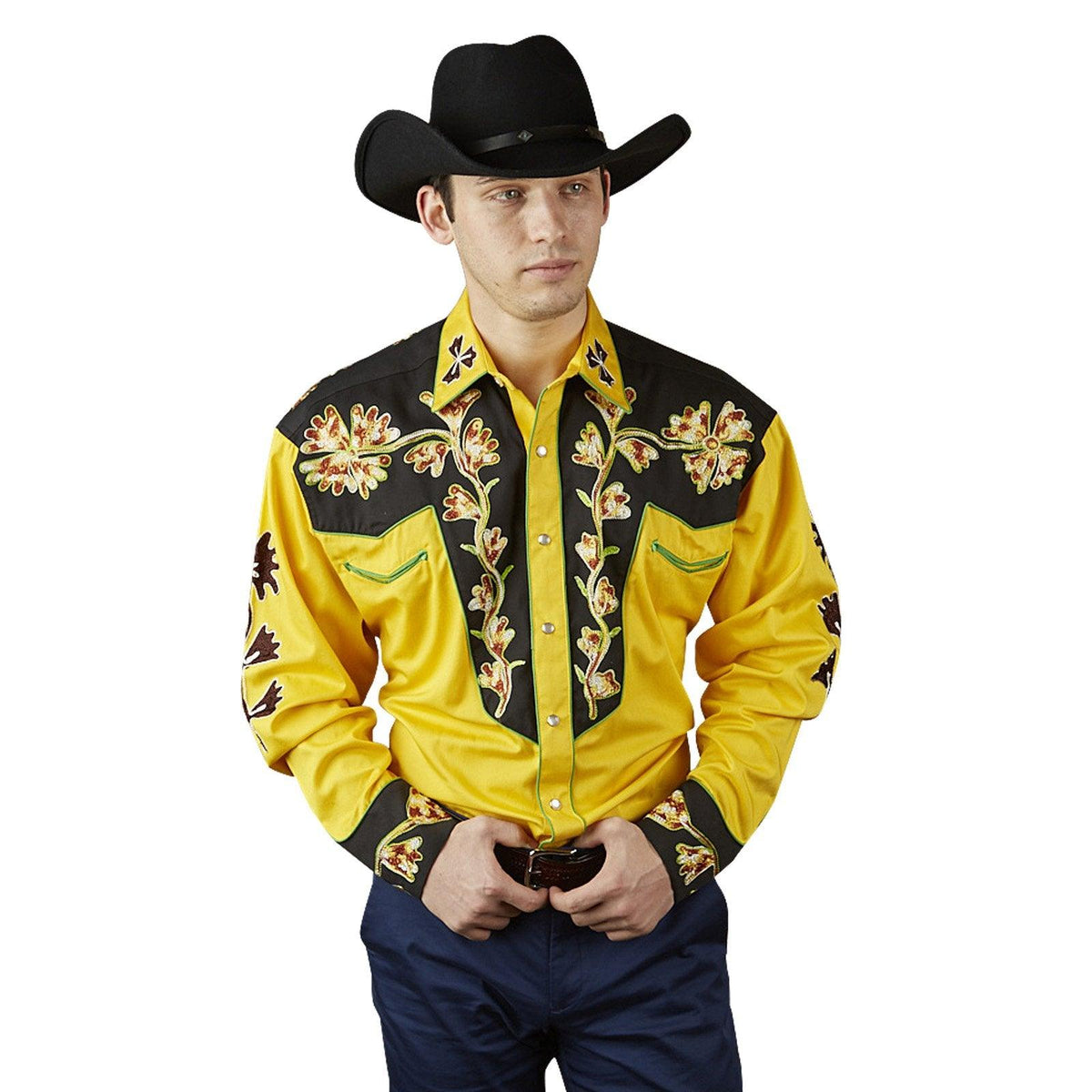 Rockmount Ranch Wear Mens Black and Gold 2-Tone Embroidered Western Shirt - Flyclothing LLC