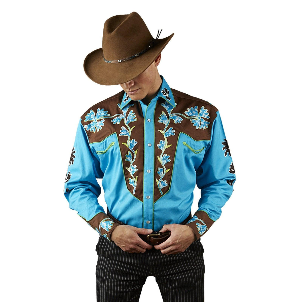 Men's Floral 2-Tone Brown & Turquoise Embroidered Western Shirt - Flyclothing LLC