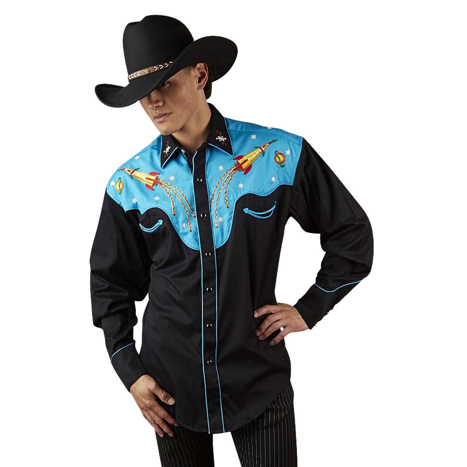 Men's 2-Tone Space Cowboy Embroidered Western Shirt - Flyclothing LLC