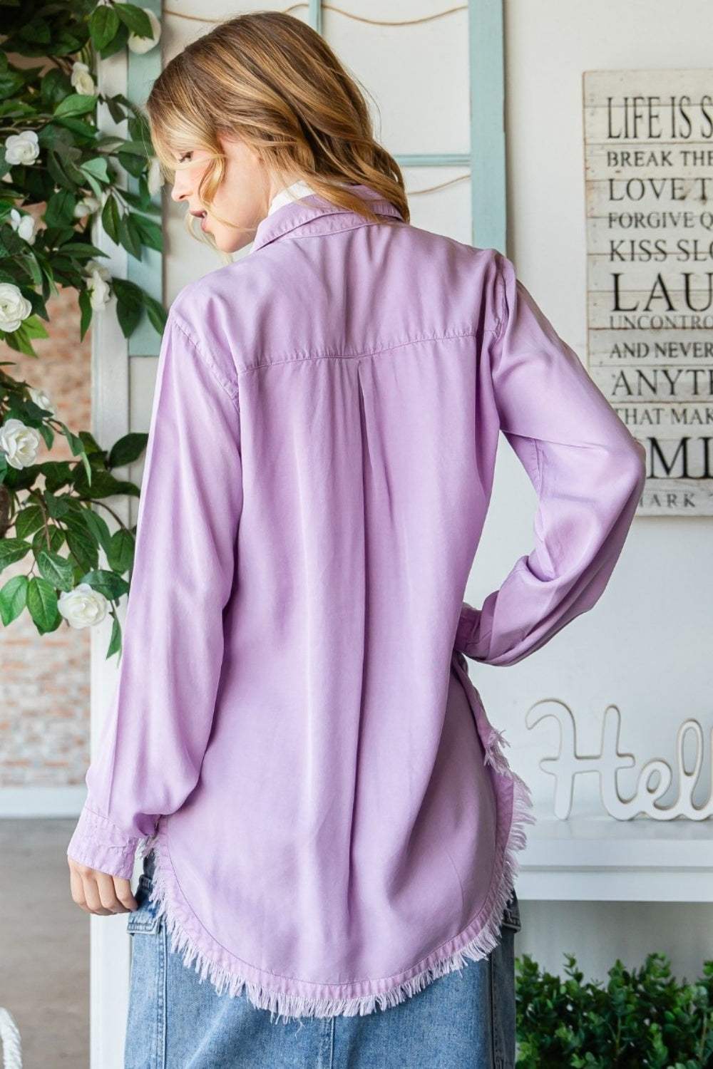 Veveret Raw Hem Button Up Long Sleeve Shirt - Trendsi - Flyclothing LLC