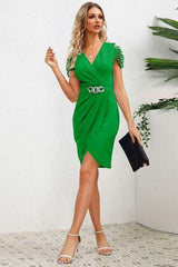 Ruched Surplice Cap Sleeve Mini Dress - Trendsi - Flyclothing LLC