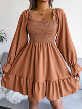 Smocked Flounce Sleeve Square Neck Dress - Trendsi - Flyclothing LLC