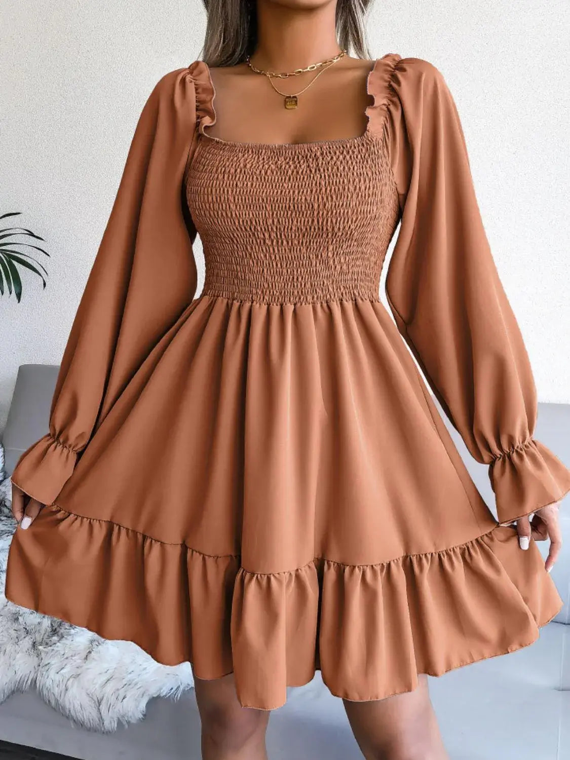 Smocked Flounce Sleeve Square Neck Dress - Trendsi - Flyclothing LLC
