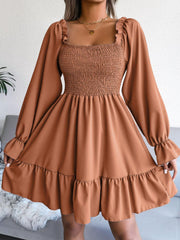 Smocked Flounce Sleeve Square Neck Dress - Flyclothing LLC