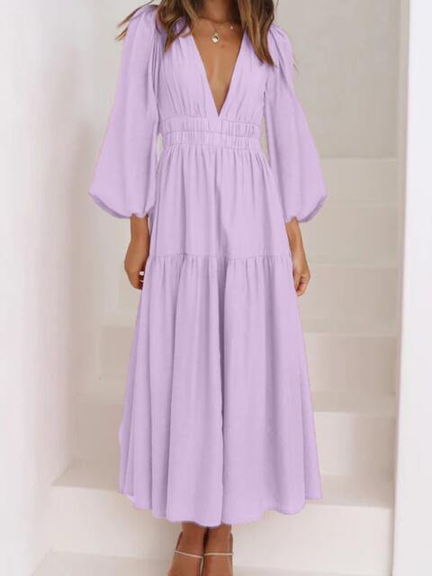 Deep V-Neck Balloon Sleeve Plain Maxi Dress - Trendsi