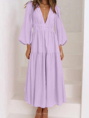 Deep V-Neck Balloon Sleeve Plain Maxi Dress - Trendsi