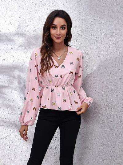 Butterfly V-Neck Balloon Sleeve Peplum Blouse - Trendsi - Flyclothing LLC