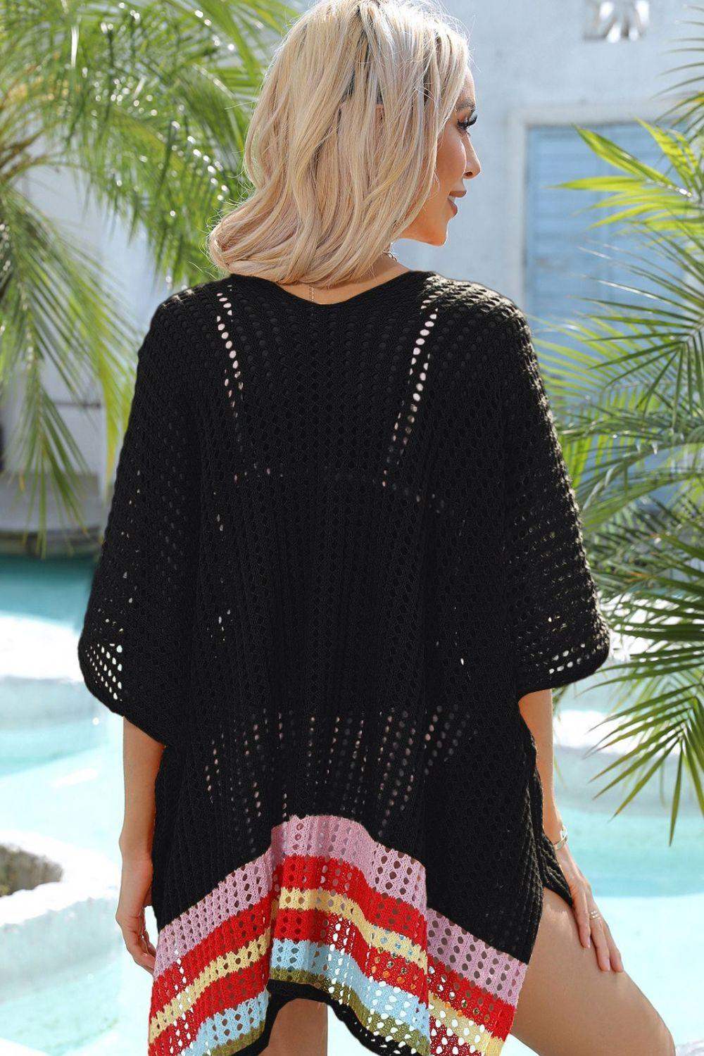 Rainbow Stripe Openwork Slit Cover-Up - Trendsi - Flyclothing LLC