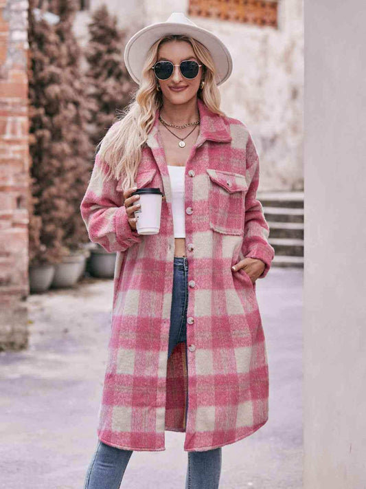Plaid Dropped Shoulder Slit Coat - Trendsi - Flyclothing LLC