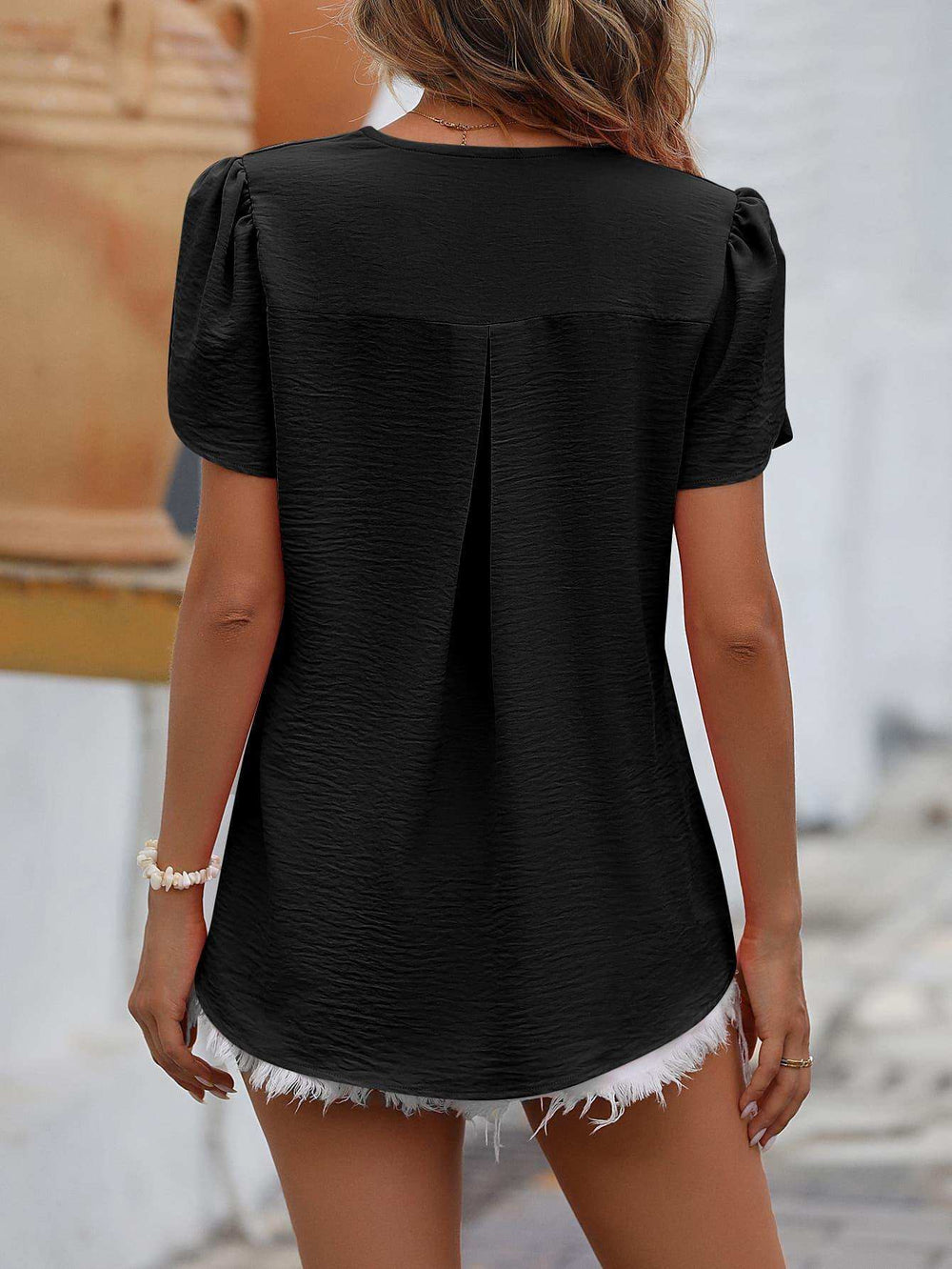 Ruche V-Neck Petal Sleeve Top - Trendsi - Flyclothing LLC