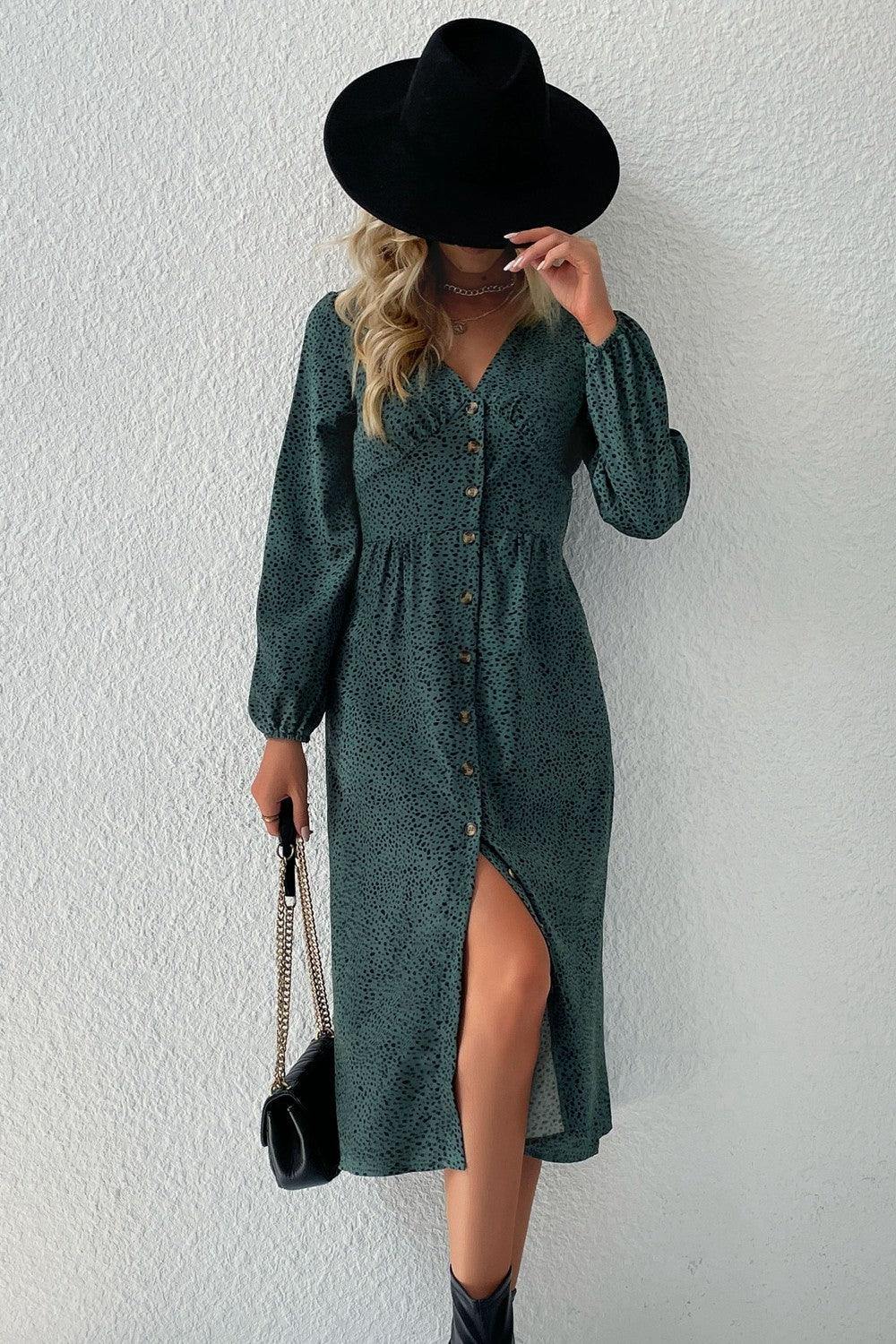 Printed Button Down V-Neck Midi Dress - Trendsi
