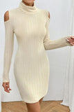 Ribbed Turtleneck Cold Shoulder Long Sleeve Mini Dress - Trendsi