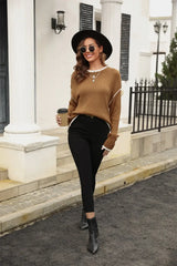 Round Neck Long Sleeve Waffle-Knit Sweater - Trendsi - Flyclothing LLC