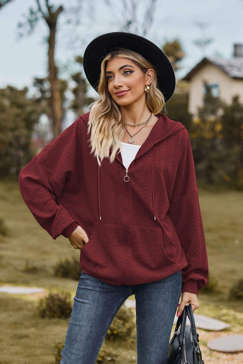 Cable-Knit Long Sleeve Hooded Jacket - Trendsi - Flyclothing LLC