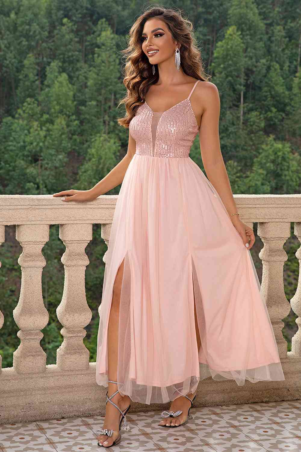Spaghetti Strap Slit Mesh Dress - Trendsi - Flyclothing LLC