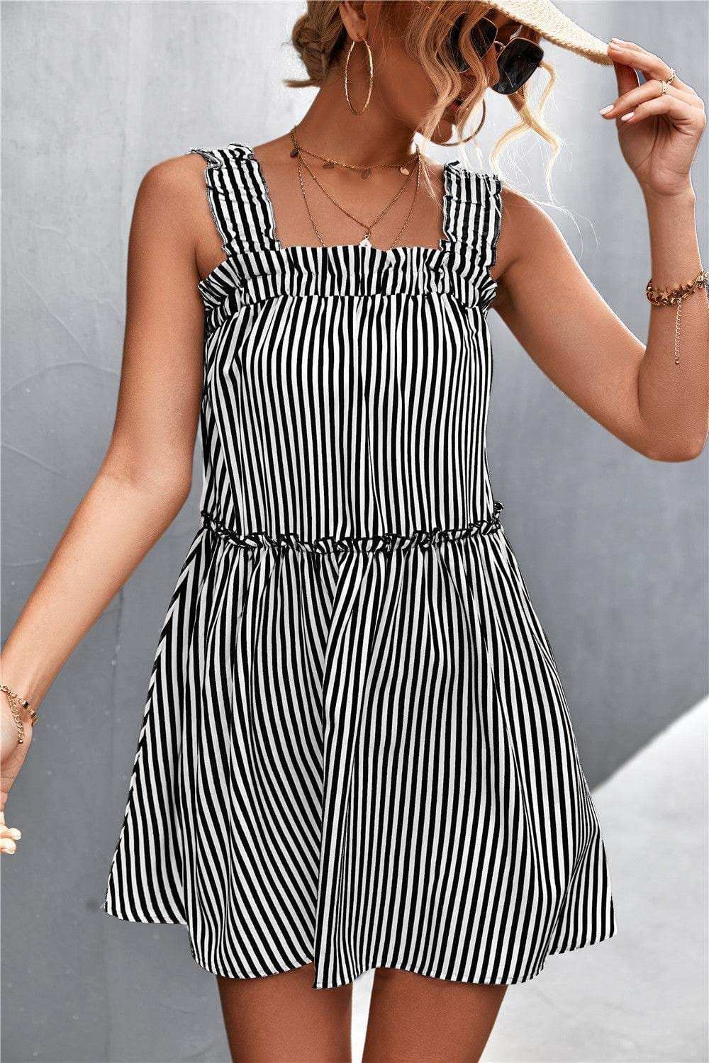 Striped Frill Trim Square Neck Dress - Trendsi - Flyclothing LLC