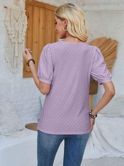 Eyelet Asymmetrical Neck Short Sleeve T-Shirt - Trendsi - Flyclothing LLC