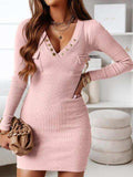 V-Neck Long Sleeve Ribbed Dress - Trendsi - Flyclothing LLC