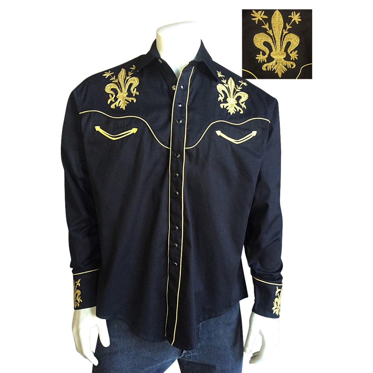 Men's Fleur-de-Lis Embroidered Black Western Shirt - Flyclothing LLC