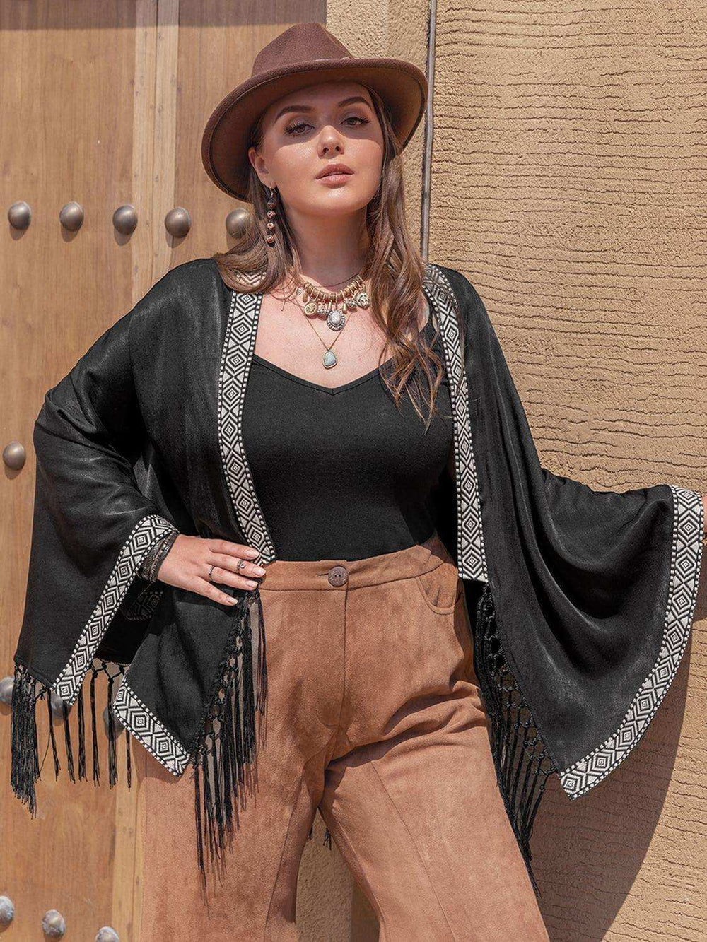 Plus Size Geometric Open Front Fringe Hem Cardigan - Trendsi