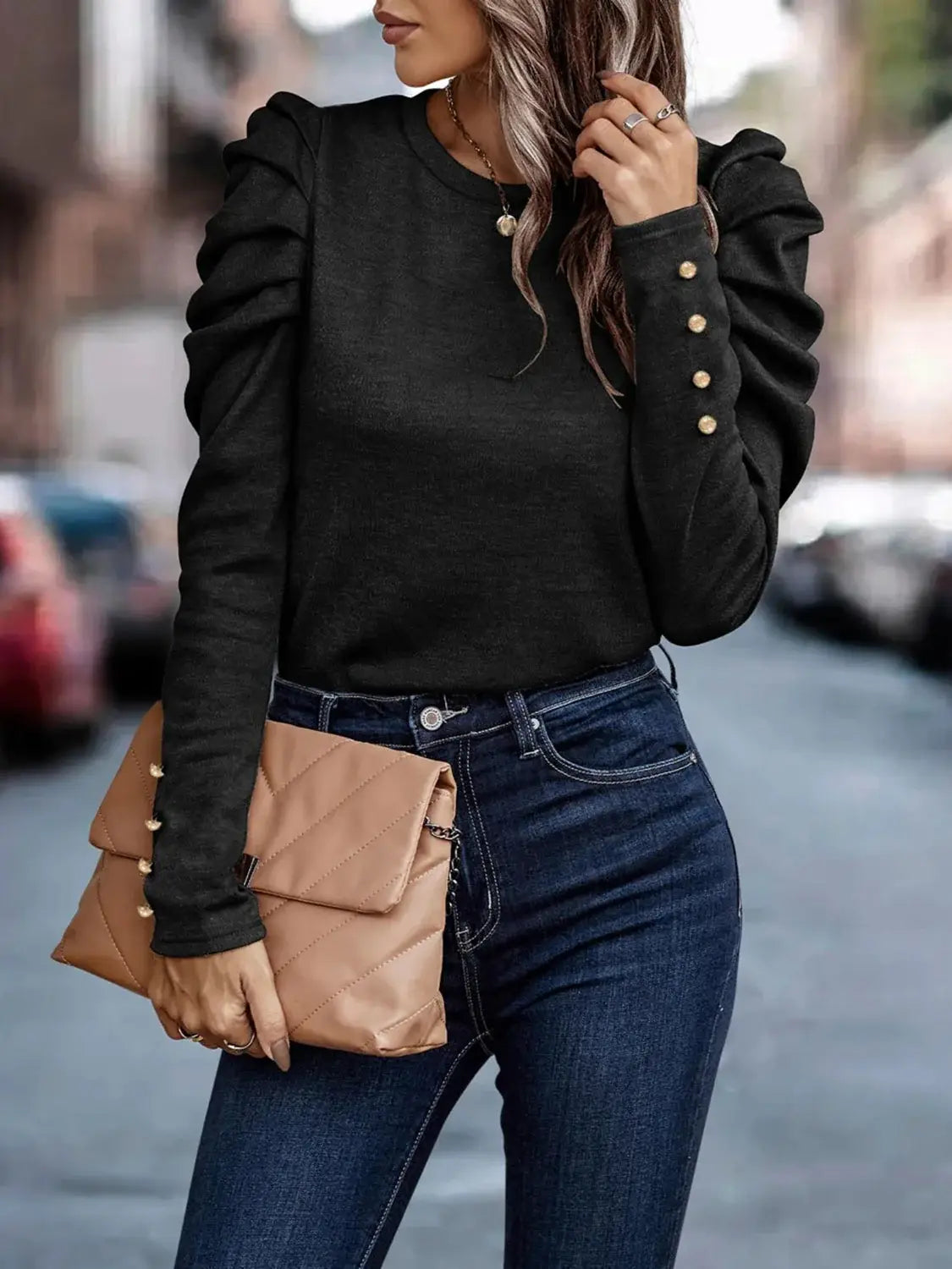 Decorative Button Puff Sleeve T-Shirt - Trendsi - Flyclothing LLC