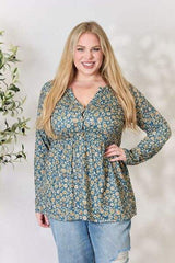 Heimish Full Size Floral Half Button Long Sleeve Blouse - Trendsi - Flyclothing LLC